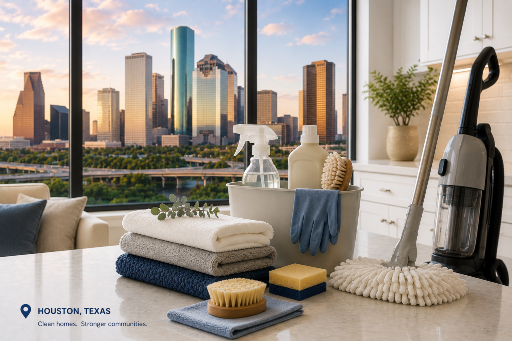 Home cleaning supplies and vacuum cleaner in a modern Houston apartment with skyline view, representing residential cleaning services in Houston, TX.