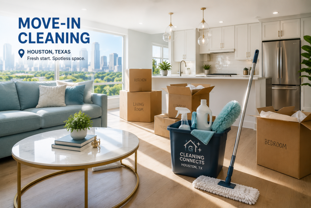 Move-in cleaning service in Houston, TX with cleaning supplies and moving boxes inside a modern apartment.
