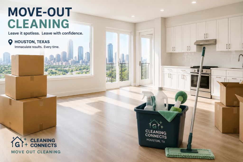Move-out cleaning service in Houston, TX with moving boxes and professional cleaning supplies inside a modern apartment.